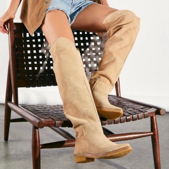 Free People Shoes - Free People Banks Cream Suede Over-the-Knee Point Toe Bohemian Western Boots 37